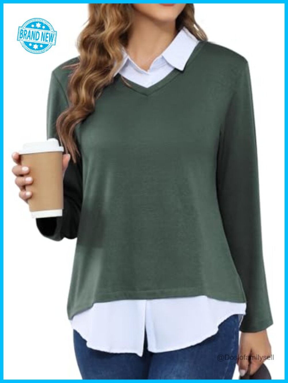 MISS FORTUNE Women's V-Neck 2 in 1 Casual Long Sleeve Patchwork Office Pullover